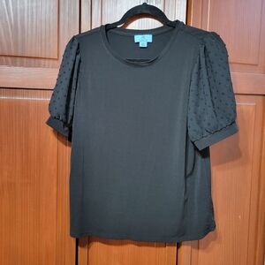 CeCe Black Polkadot Sleeve Gothic Goth Black Short Sleeve Top | Medium